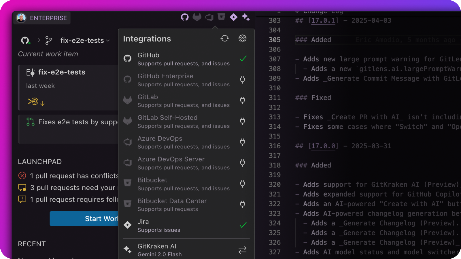 The GitLens Home View inside Cursor, showing active work items, pull request status indicators, and integration options for platforms like GitHub, GitLab, Jira, Azure DevOps, and Bitbucket.