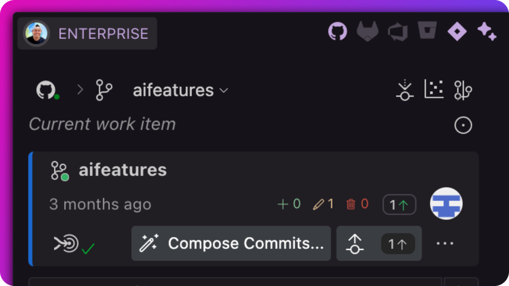 GitLens interface in Cursor showing the current work item ‘aifeatures’ on the ENTERPRISE plan. The interface highlights GitHub integration, recent activity on the branch, and the option to use AI-powered ‘Compose Commits’ with commit statistics (+0, ✏️1, 🗑️0).