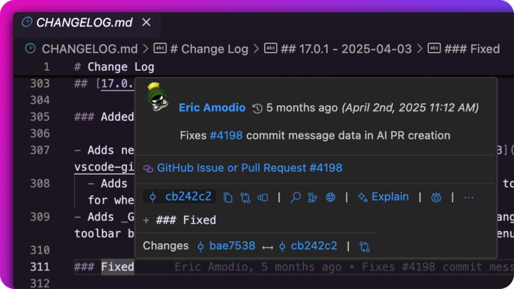 GitLens view in Cursor showing a detailed changelog entry for version 17.0.1, with inline blame and a commit tooltip. The tooltip includes commit metadata from Eric Amodio, referencing GitHub issue #4198 and displaying related links, commit hash, and options to explain or explore the commit.