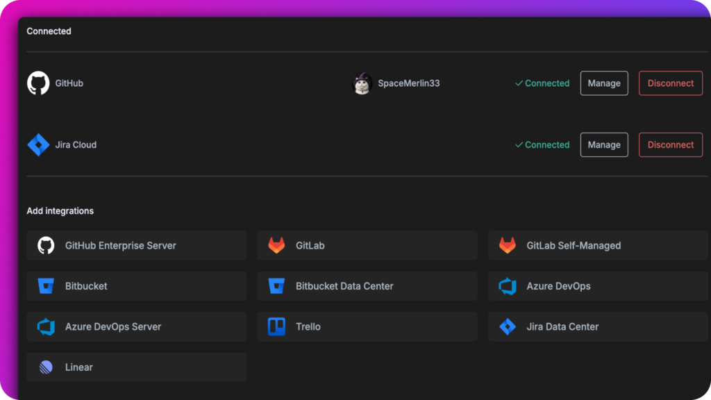 GitLens integrations panel showing connected services (GitHub and Jira Cloud) and additional available integrations like GitLab, Azure DevOps, Trello, Bitbucket, and Linear, with user profile and connection status.