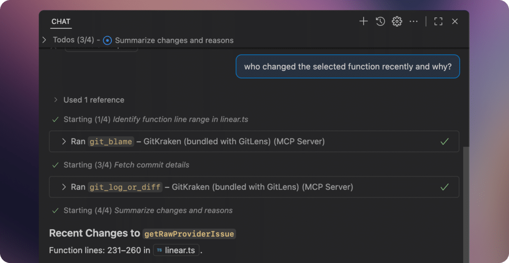 Screenshot of a chat interface showing an AI assistant answering the question "Who changed the selected function recently and why?" using GitKraken MCP with git blame and git log data to identify changes in a TypeScript file.