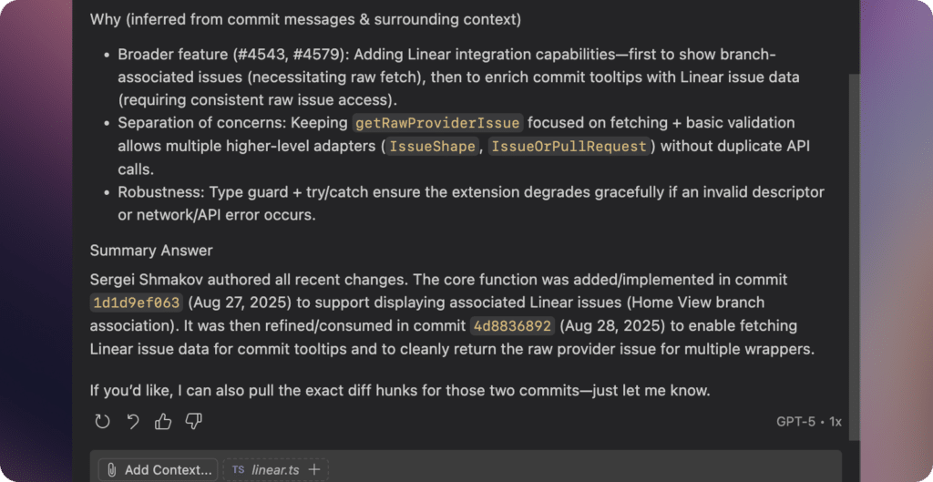 Screenshot of an AI-generated explanation summarizing recent Git commits related to getRawProviderIssue, citing specific commit IDs and reasoning based on separation of concerns, validation, and API robustness.