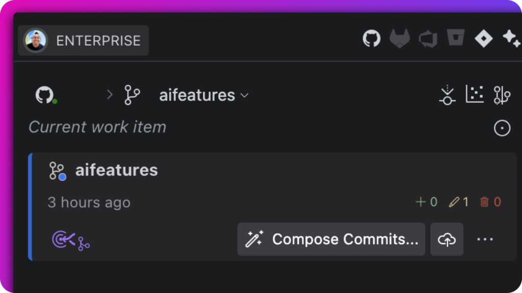 GitLens Home View in Trae showing current work item on the “aifeatures” branch with recent activity. Includes AI features icon and “Compose Commits” button, highlighting GitKraken AI commit automation tools.