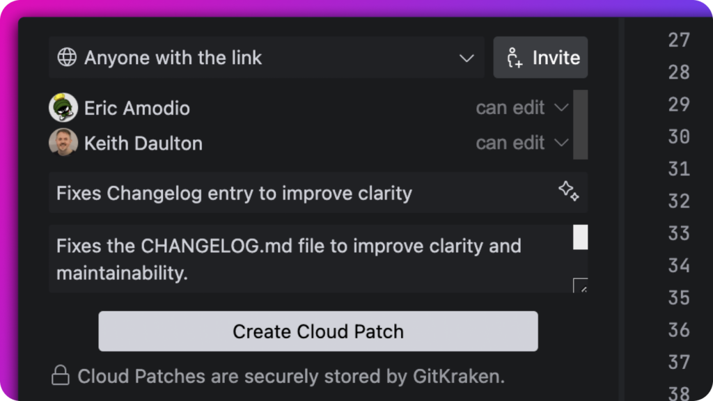 GitLens Cloud Patch interface showing contributors, editable patch title and description, with an option to create a cloud patch for sharing code updates before submitting a pull request.