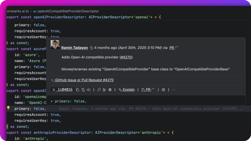 Trae with GitLens Inline Blame feature enabled, showing a tooltip for a line in a TypeScript file. The blame annotation displays contributor Ramin Tadayon’s commit details, date (April 30th, 2025), PR link (#4270), and commit message explaining the addition of an OpenAI-compatible provider.