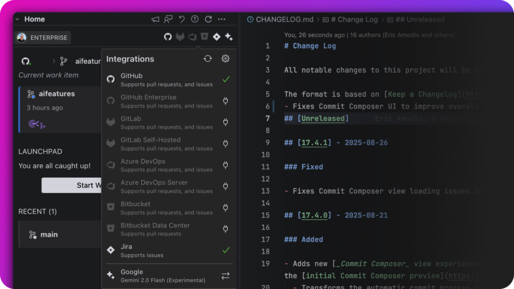 GitLens Home View in Trae showing current work item and integrations panel with GitHub and Google Gemini 2.0 Flash (Experimental) connected, alongside a CHANGELOG.md file open in the editor.