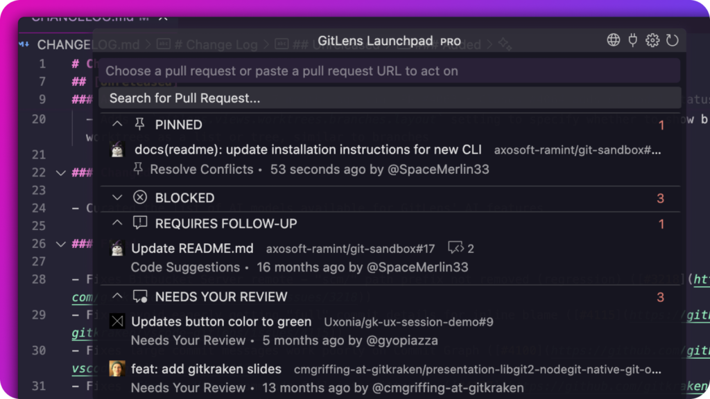 GitLens Launchpad panel in Trae displaying organized pull requests grouped by status: Pinned, Blocked, Requires Follow-Up, and Needs Your Review, with timestamps, authors, and PR titles across repositories.