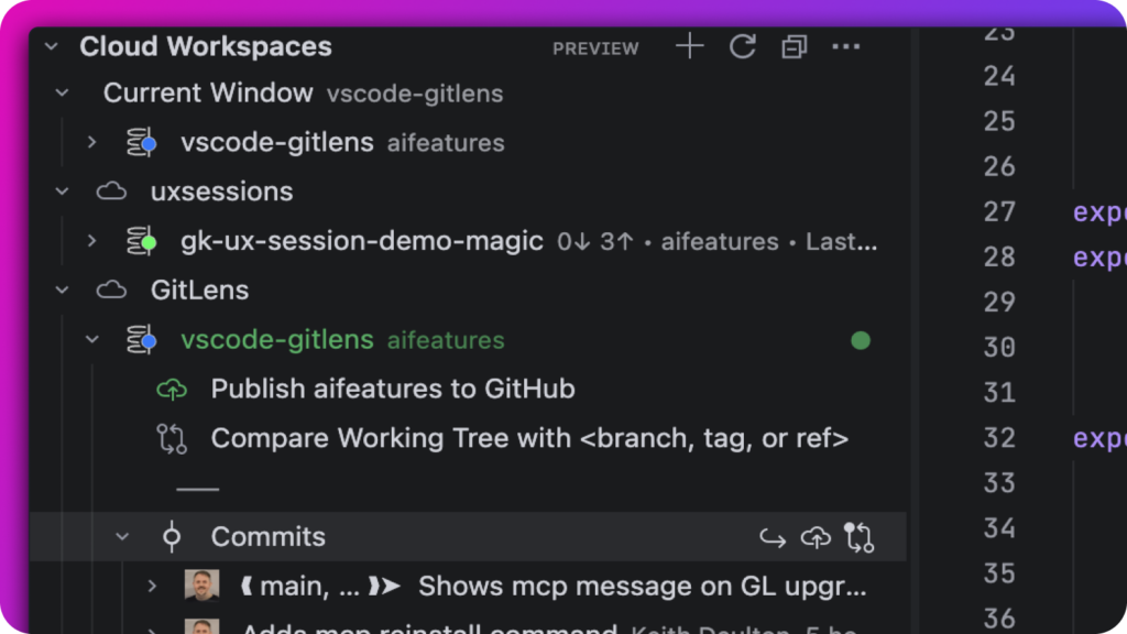 GitLens Cloud Workspaces panel displaying multiple repositories with synced branch and commit status, enabling centralized multi-repo management.