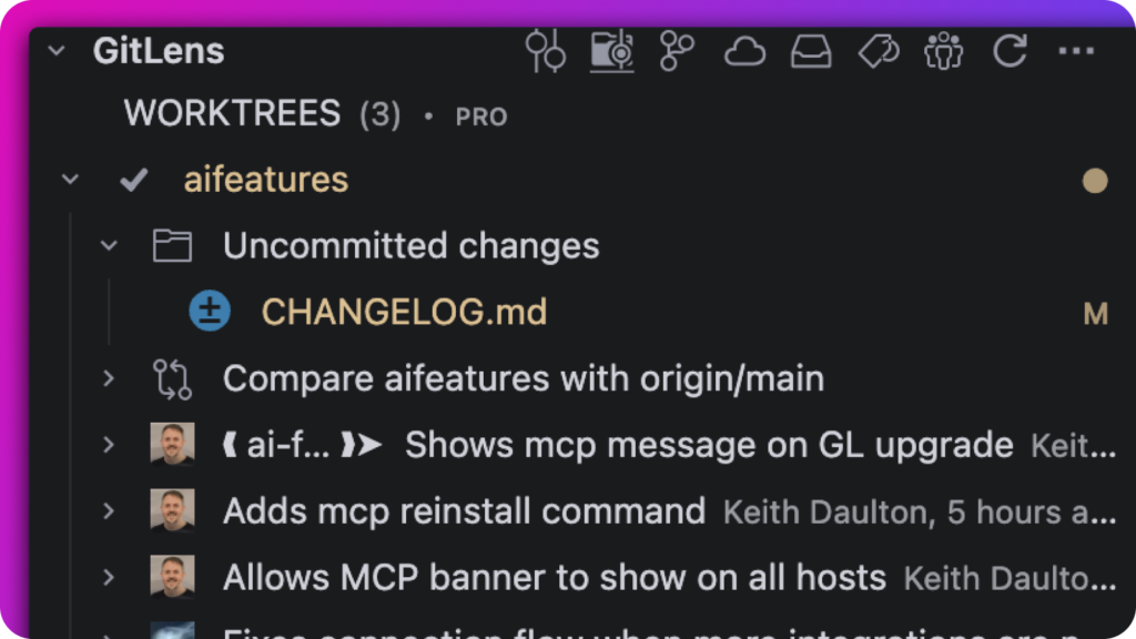 GitLens Worktrees panel showing the aifeatures branch with uncommitted changes and recent commits. Enables simultaneous work across branches without switching contexts.