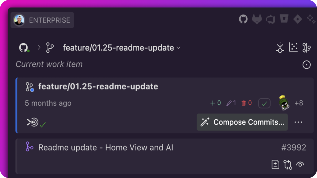 GitLens Commit Composer interface showing commit details, AI-powered message generation, and current work item on the feature branch 01.25-readme-update.