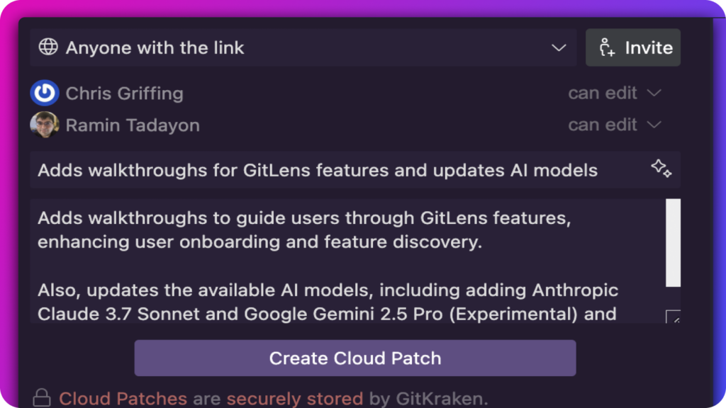 GitLens Cloud Patch UI showing collaborators Chris Griffing and Ramin Tadayon with edit access. Description explains a patch that adds feature walkthroughs and updates AI model options. A “Create Cloud Patch” button is shown at the bottom.
