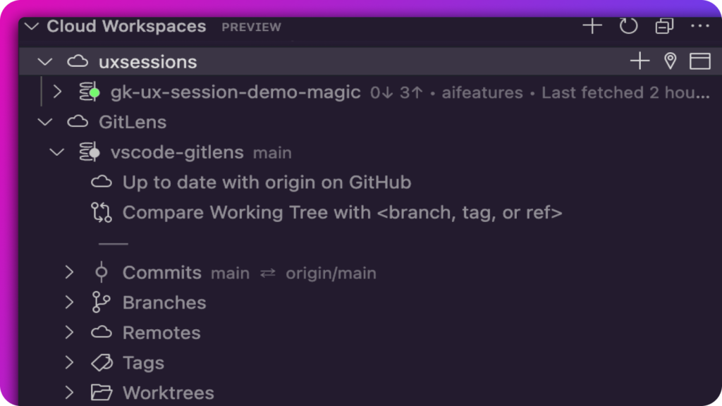 GitLens Cloud Workspaces view displaying multiple repositories grouped under “uxsessions.” Shows the sync status with GitHub, branch comparison tools, and expandable sections for commits, branches, remotes, tags, and worktrees.