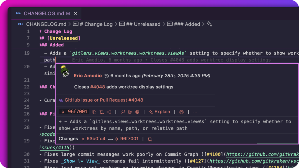 GitLens inline blame annotation tooltip showing commit details by Eric Amodio, including commit hash, timestamp, associated pull request, summary message, and code diff with highlighted changes in the CHANGELOG.md file.