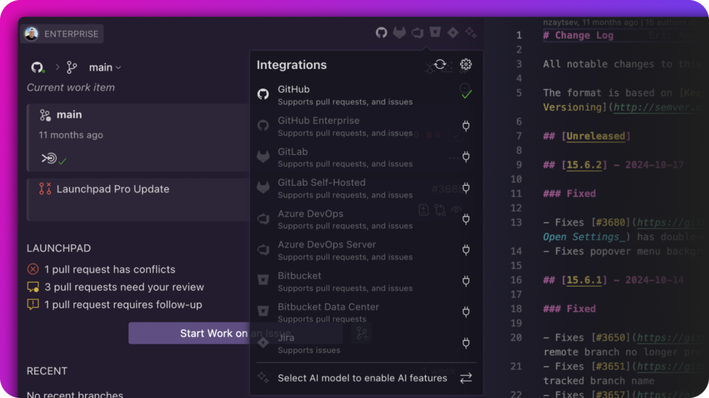 GitLens Home View in a code editor showing current branch, PR status, and integrations menu with services like GitHub, Jira, and Azure DevOps.