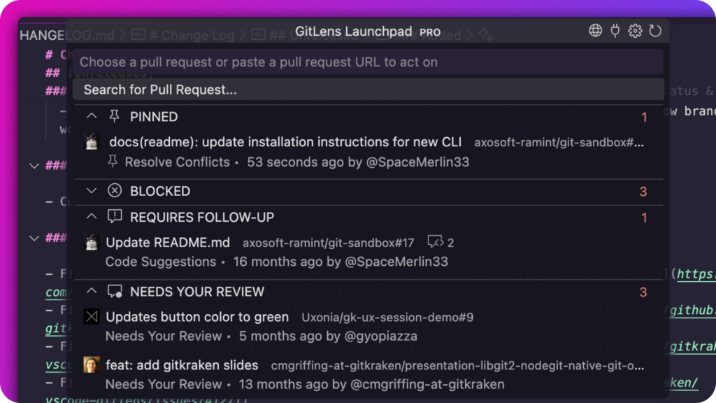 GitLens Launchpad interface showing categorized pull requests under statuses like PINNED, BLOCKED, REQUIRES FOLLOW-UP, and NEEDS YOUR REVIEW. Each entry includes PR titles, repositories, authors, review needs, and timestamps.