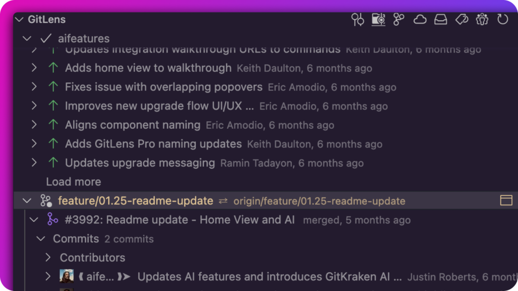 GitLens Worktrees view showing active branches and recent commits. Highlighted is the feature/01.25-readme-update branch with merge details, contributors, and commit summaries visible below.