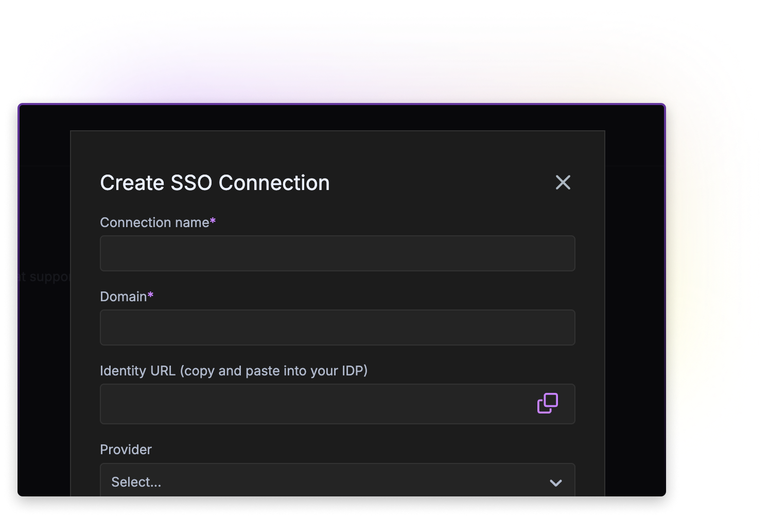 User interface for creating a new SAML 2.0 Single Sign-On (SSO) connection in GitKraken, with input fields for connection name, domain, identity URL, and identity provider selection.