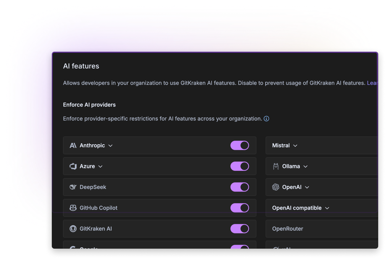 Admin panel showing GitKraken AI feature management settings, including toggle switches to enable or disable specific AI providers like Anthropic, Azure, DeepSeek, GitHub Copilot, GitKraken AI, Mistral, Ollama, and OpenAI.