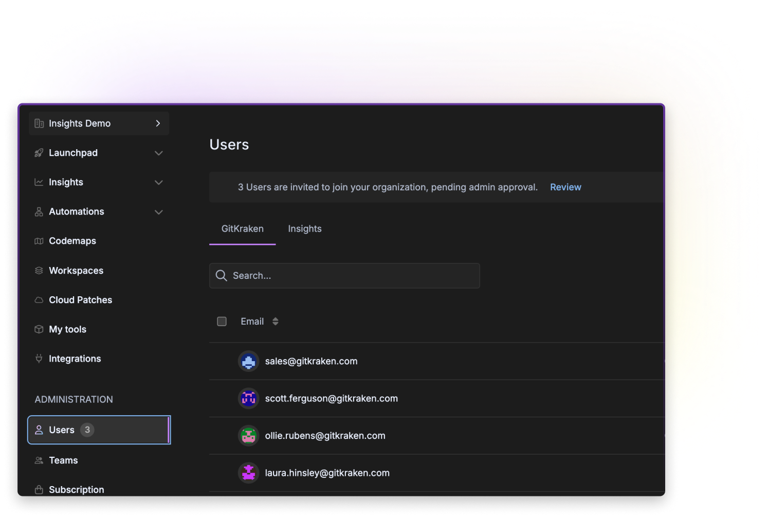 User management panel in GitKraken admin view showing a list of organization users with associated email addresses and avatars. Left sidebar includes navigation options like Launchpad, Insights, Automations, Codemaps, Workspaces, and Cloud Patches. A banner at the top notifies that 3 users are awaiting admin approval.