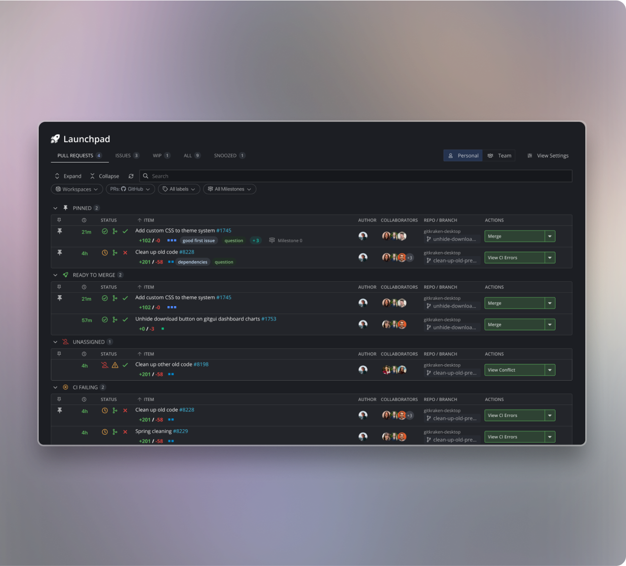 GitKraken Launchpad interface displaying categorized pull requests: Pinned, Ready to Merge, Unassigned, and CI Failing. Each PR includes detailed metadata such as time, status indicators, file changes, labels, authors, collaborators, branch names, and action buttons (e.g., Merge, View Conflict, View CI Errors). The interface allows filtering by workspace, provider, labels, and milestones—designed for beginner-friendly Git navigation and collaboration.