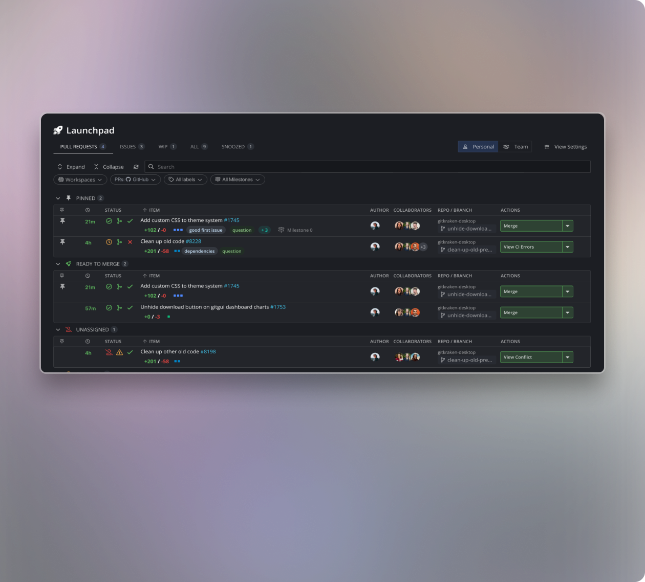 GitKraken Launchpad interface showing categorized pull requests in a dashboard view. Sections include “Pinned,” “Ready to Merge,” and “Unassigned,” each with PR titles, branch names, labels (e.g., question, dependencies, good first issue), status icons, author and collaborator avatars, and action buttons like “Merge” or “View Conflict.” Filters for workspaces, PR providers, labels, and milestones appear at the top for easy navigation.