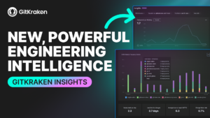 Promotional graphic for GitKraken Insights featuring the headline "New, Powerful Engineering Intelligence" with screenshots of deployment frequency and DORA metrics dashboards.
