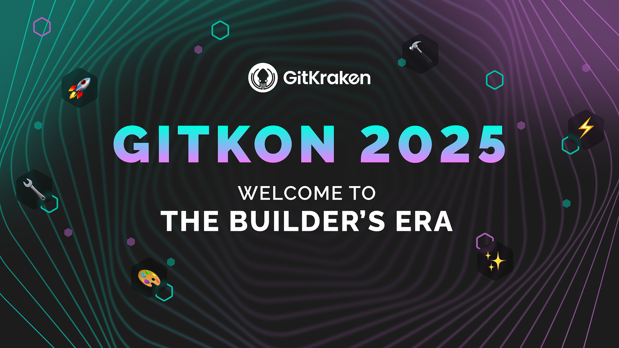 Event banner featuring the GitKraken logo and headline "GitKon 2025: Welcome to the Builder’s Era" on a gradient background with icons representing tools, creativity, and innovation.
