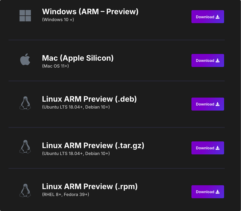 Download options for GitKraken Desktop native ARM builds on Windows, macOS (Apple Silicon), and multiple Linux formats including .deb, .tar.gz, and .rpm.
