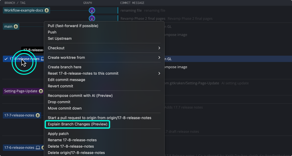 Context menu open after right-clicking a branch in GitKraken Desktop, highlighting the "Explain Branch Changes (Preview)" option.
