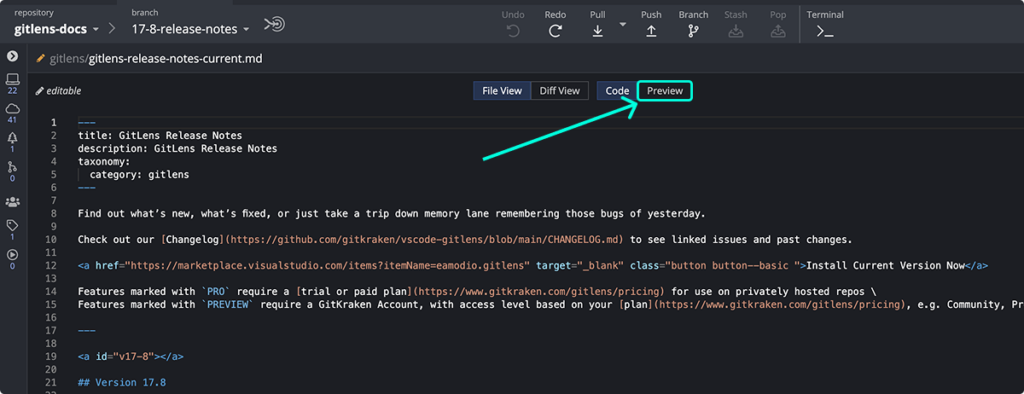 GitKraken Desktop view of a Markdown file with the "Preview" tab highlighted, indicating the option to preview content without leaving the app.
