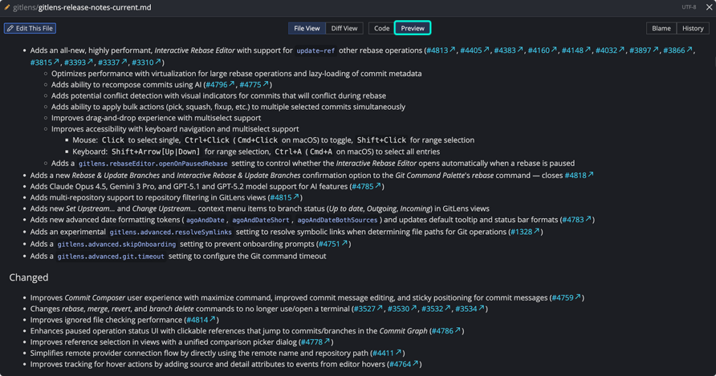 GitKraken Desktop showing a rendered markdown preview of release notes, with the "Preview" tab selected.