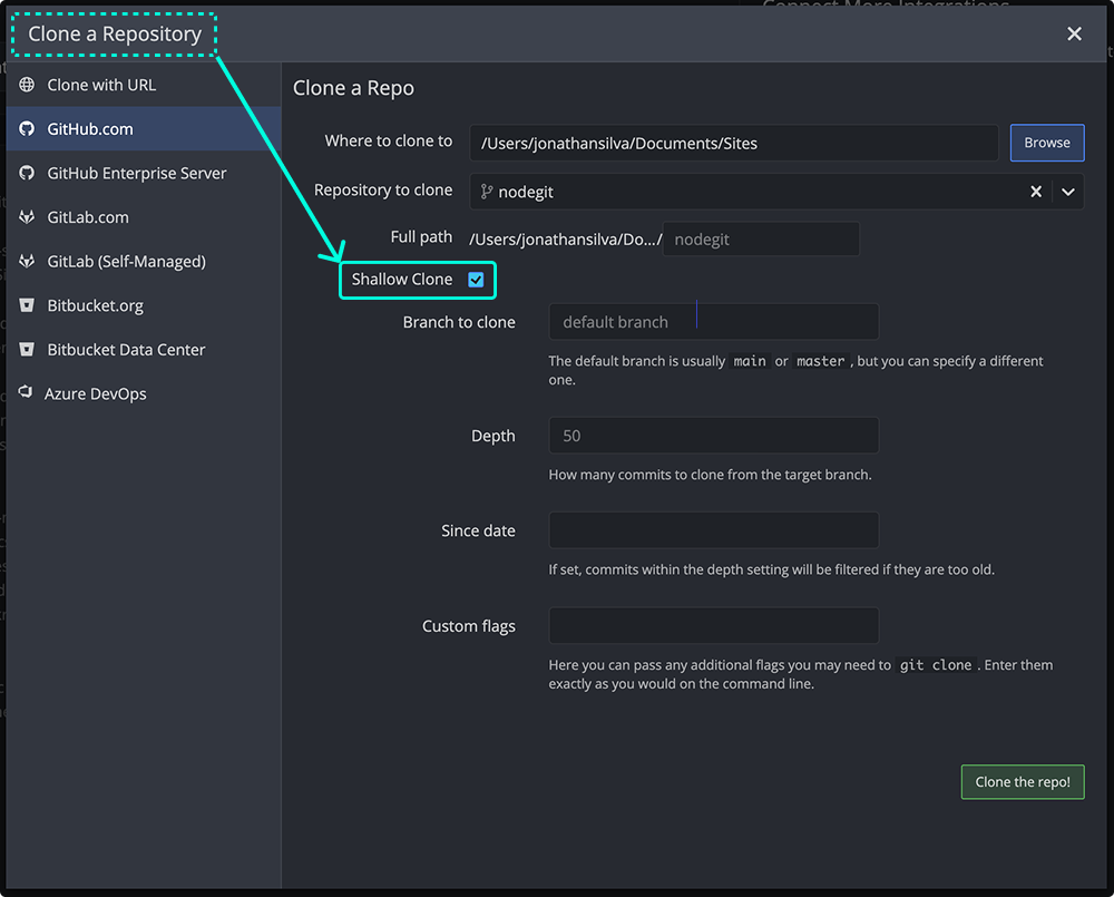 GitKraken Desktop’s Clone a Repository screen with the "Shallow Clone" option highlighted, allowing users to limit commit history during clone.