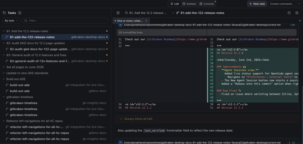 Dashboard of an ADE showing multiple agents in a sidebar menu, with a focus view showing code diff for agentic code changes.