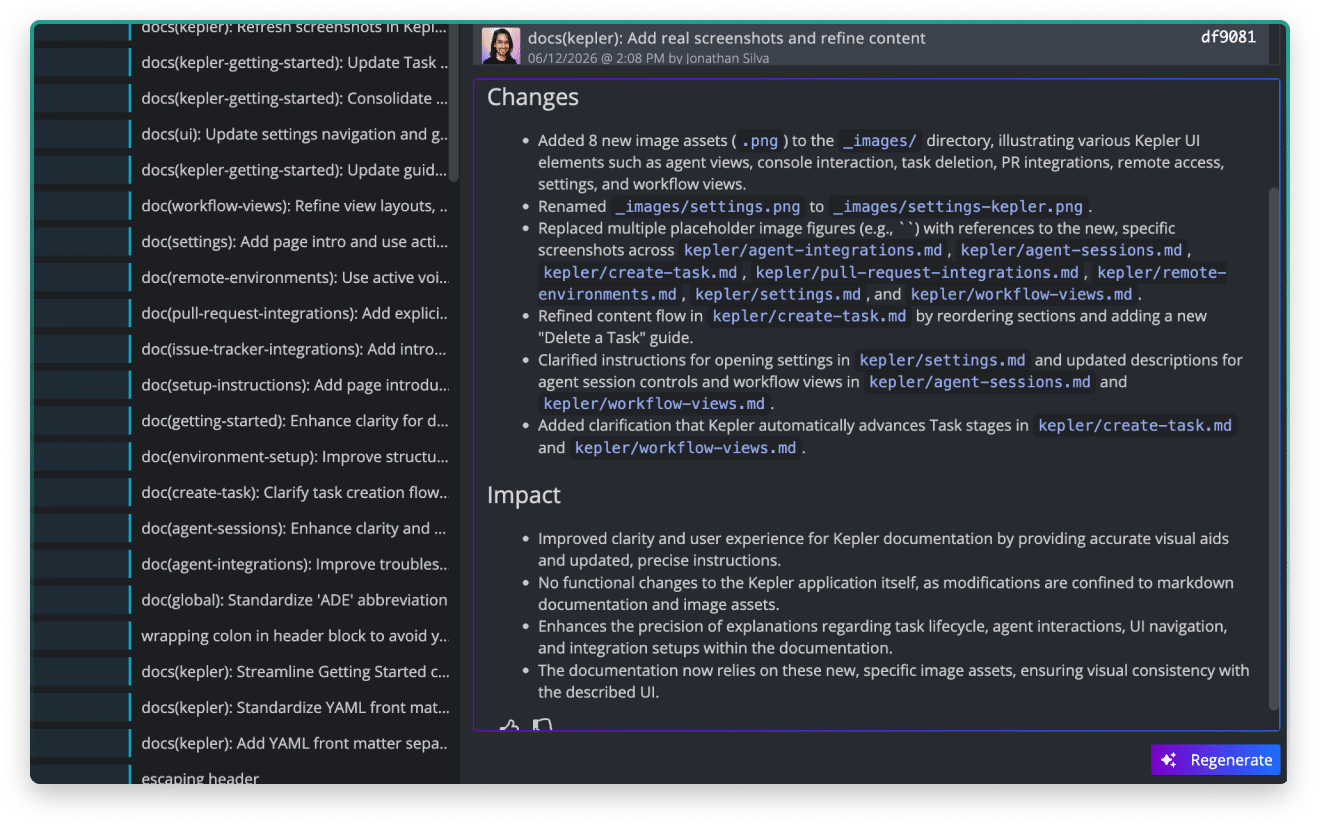 Regenerate commit messages in one click across multiple GitKraken tools, including commit changes and impact with context included.