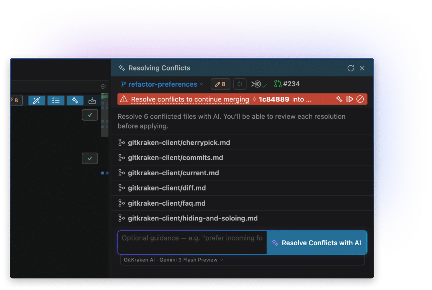 GitKraken Merge Tools - resolve multiple conflicts with AI in one easy, intelligent step.