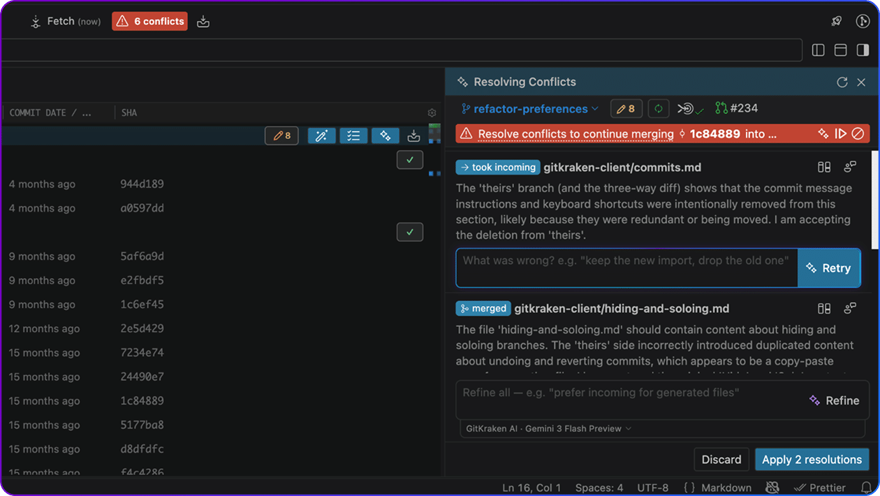 GitKraken Merge Tools - resolve multiple conflicts with AI in one easy, intelligent step.