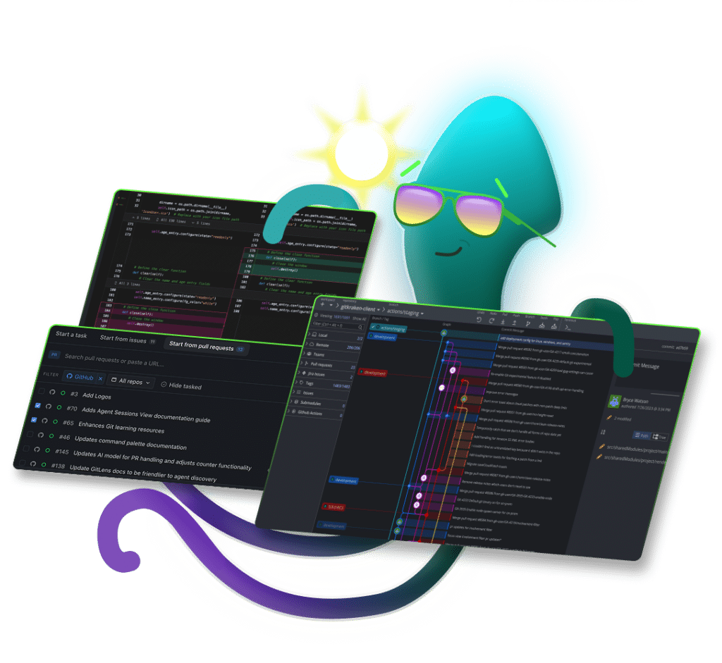Keif the Kraken holding 3 GitKraken dashboards: GitKraken Desktop commit graph, Kepler agent launch, and Code Review intelligent diff tool.