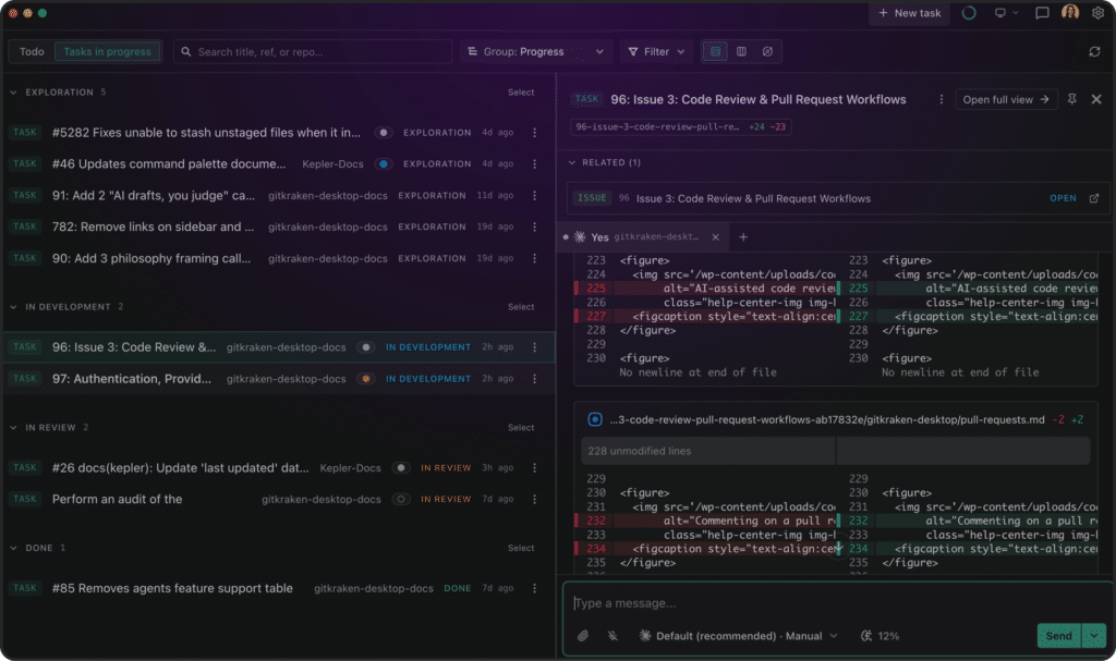 View of Kepler agentic development environment with tasks in progress by status, and 1 "in development" task selected highlighting the diff of the edited code.