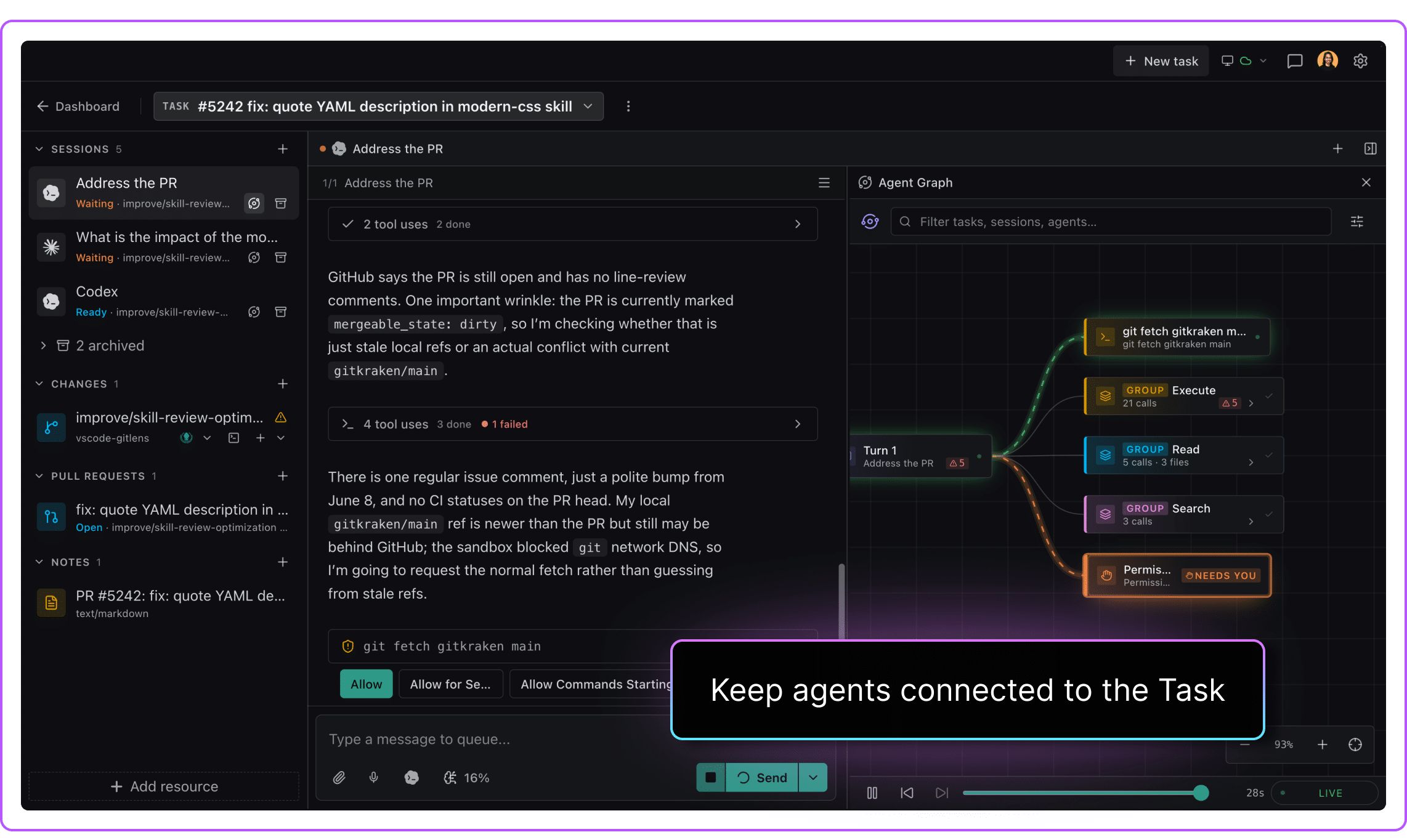 Kepler session alongside the Agent Graph tracking tool calls and permissions
