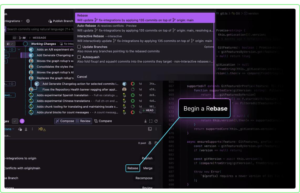 Kepler Agent Graph action menu showing Plan, Implement, Review and Address Feedback