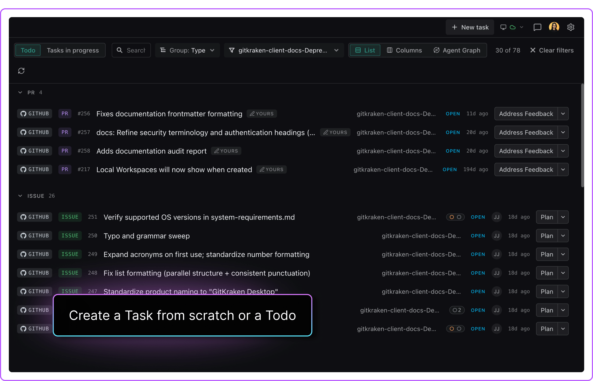 Kepler task list grouped by pull requests and issues, ready to become Tasks