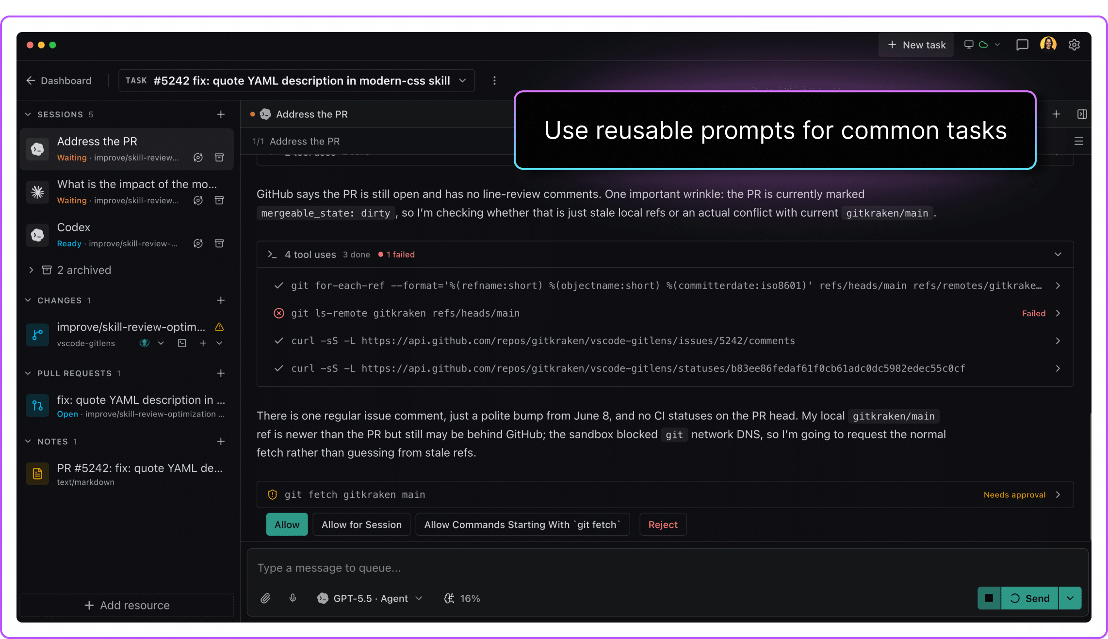 Kepler session running an Address the PR Action with queued tool calls