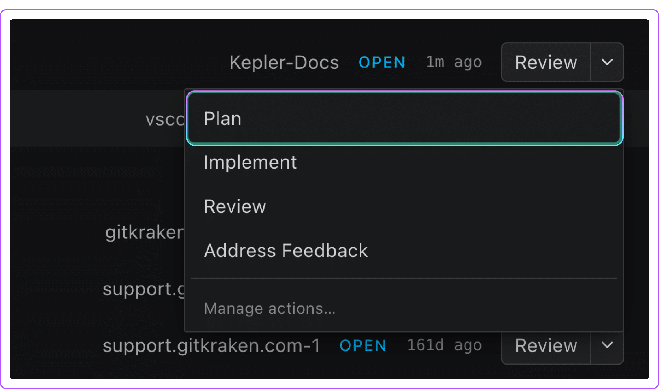 Kepler Agent Graph action menu showing Plan, Implement, Review and Address Feedback