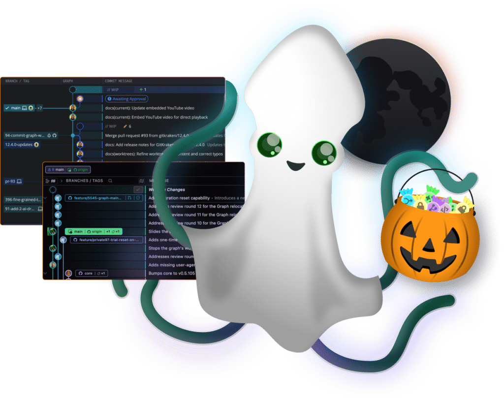 Keif the GitKraken mascot dressed as a ghost, with dashboards from GitKraken Desktop and Gitlens showing Commit Graphs and visual repo histories.