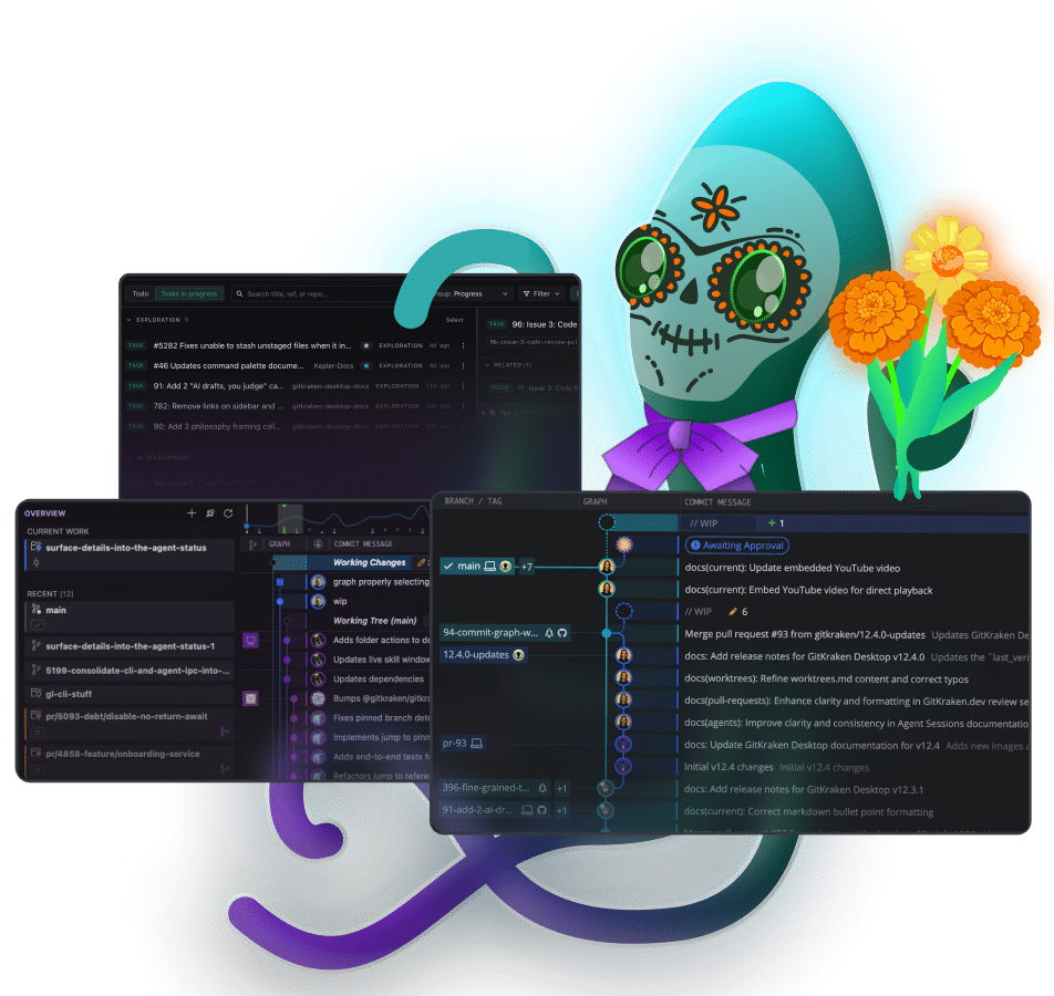 Keif the Kraken holding UI views from GitKraken products showing commit graph, agentic worktrees and tasks.